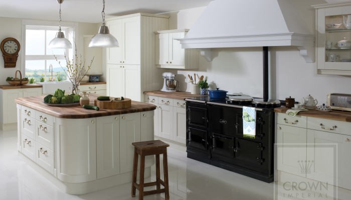 Image of kitchen with oyster painted wood cabinetry