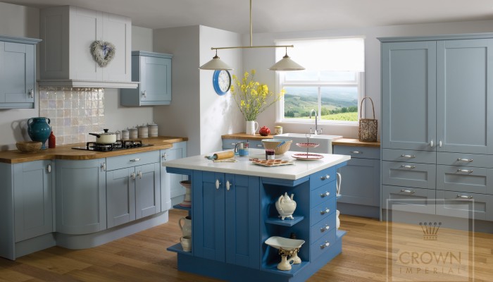 Image of kitchen with blue painted wood cabinetry