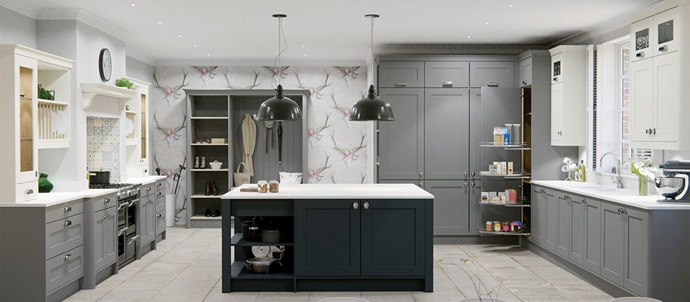 Kitchen in shades of grey with accent wallpaper